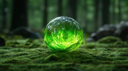 Nature conservation concept. Glowing sphere surrounded by lush green forest scenery.