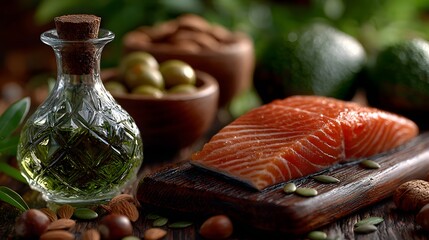 Healthy Fats Still Life: Salmon, Oil, Nuts