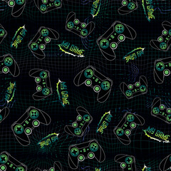 Gamepad Seamless vector pattern with neon-outlined game controllers and pixel squares dark digital background. Gaming print for fashion, textile, wrapping paper.