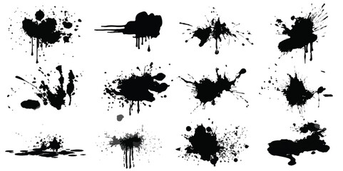 ink blots and splats. graphics of black spots of various shapes and sizes on an isolated background
