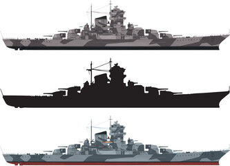 bismarck, battleship, vector, wwii, warship, side view, german navy, military ship, flat colors, bold lines, naval vessel, clean design, sea, ocean, blue background

