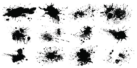 ink blots and splats. graphics of black spots of various shapes and sizes on an isolated background