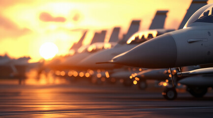 A line of modern fighter jets parked on the runway, with a sunset in the background