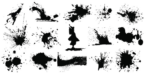 ink blots and splats. graphics of black spots of various shapes and sizes on an isolated background