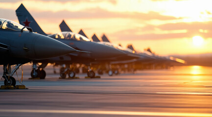 A line of modern fighter jets parked on the runway, with a sunset in the background