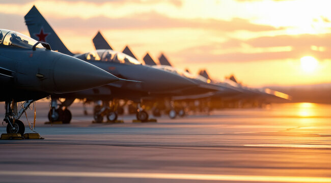 A line of modern fighter jets parked on the runway, with a sunset in the background - Powered by Adobe