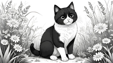 Elegant Black and White Cat Illustration in a Flower Garden