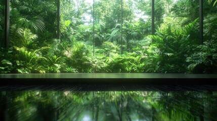 Nature conservation concept. Lush greenery seen through large glass windows in an indoor space.
