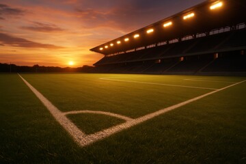 Soccer field corner under stadium lights with dramatic sunset sky background