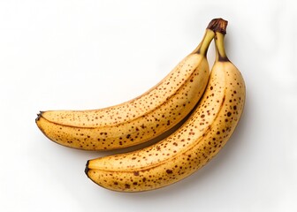 Two medium-ripe bananas with brown freckles on white background