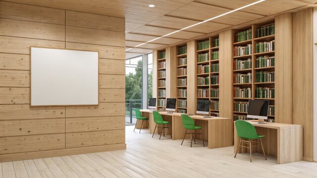 Modern library interior design with wooden walls, bookshelves, and computers, ideal for education and research.