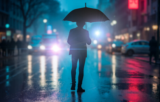 Silhouette of man with umbrella standing in rain on city street at night, a concept for mystery and solitude