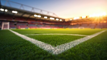Green soccer field corner illuminated by stadium lights during sunset game time atmosphere