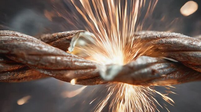 Extreme macro slowmotion view of a frayed steel cable under tension releasing bright sparks against dark background perfect for industrial breakdowns and high-impact visuals