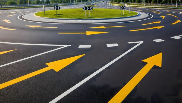A wide shot Traffic arrows around bend in round 