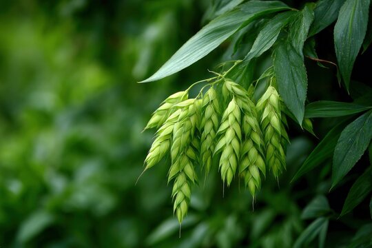 Cascading green seedheads dangle from lush foliage against a softly blurred verdant backdrop