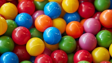 Colorful plastic balls in a ball pit. The balls are red, blue, green, yellow, orange, and pink. They are all different sizes. The background is white.