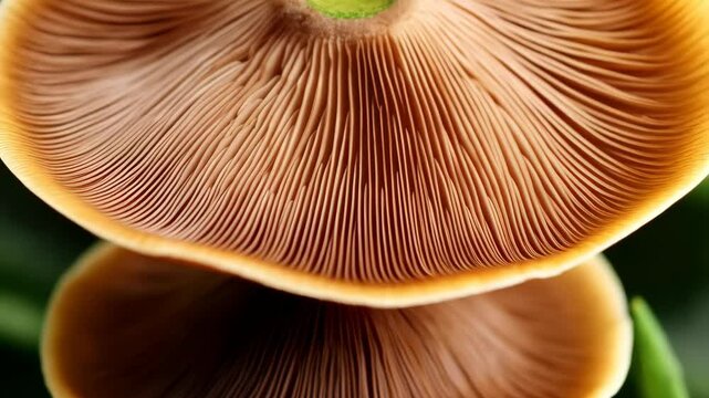 Close-up of mushroom gills showing intricate structure and texture in natural light revealing delicate detail, providing unique perspective