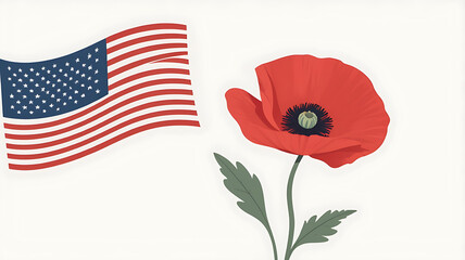 Remembering Remembrance Day American Flag and Poppy Flower Illustration