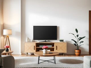 Fototapeta premium Modern Living Room Interior Mockup with TV Cabinet, Lamp, Table, and Indoor Plants