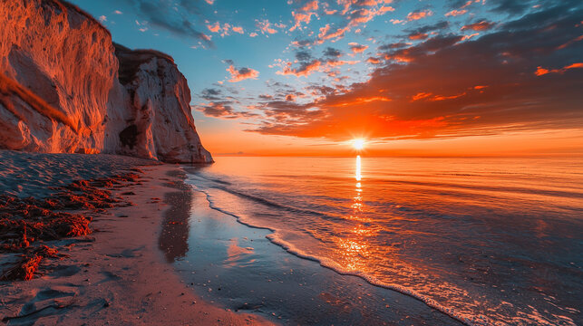 World Tourism Day &mdash; Fiery Sunset Over Coastal Cliffs and Shimmering Beach Highlights Natural Wonders, Inspiring Responsible Travel and Sustainable Development on September Twenty-Seventh
