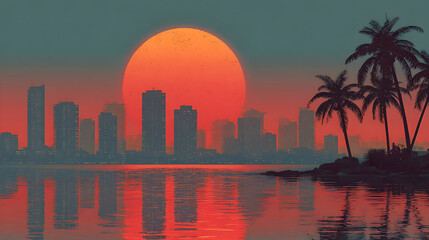 Naklejka premium synth wave retro miami city landscape background at sunset digital illustration