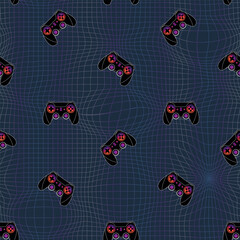 Gamepad Seamless vector pattern with neon-outlined game controllers and pixel squares dark digital background. Gaming print for fashion, textile, wrapping paper.