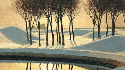 Fototapeta premium Snowy winter landscape with trees and pond reflections