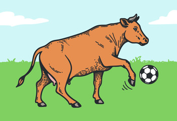 cow kicking a soccer ball on the green rural field, funny farm animal playing football illustration
