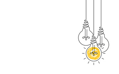Hanging light bulbs with one glowing on white background. Continuous line drawing light bulb. Concept of idea