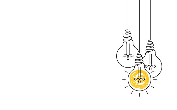 Hanging light bulbs with one glowing on white background. Continuous line drawing light bulb. Concept of idea