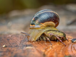 Snail crawling on a beetle. Close up.