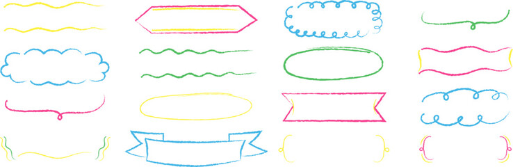 Hand-drawn colorful decorative frames and dividers set. Collection of doodle style borders, arrows, curly brackets, banners, and clouds. Ideal for scrapbooking, note design, invitations, and digital a