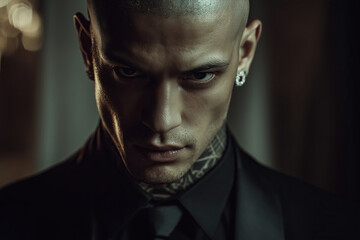 Obraz premium sharply dressed man in an all-black suit stares intensely at the viewer. His shaved head, tattoos, and diamond earrings contrast his formal attire. 
