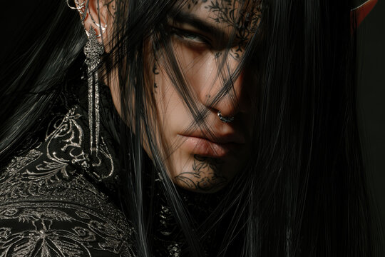  striking dark elf prince with piercing eyes, long flowing black hair, and sharp features stands in the shadows. He wears an ornate embroidered dark tunic and has subtle tattoos curling along his neck