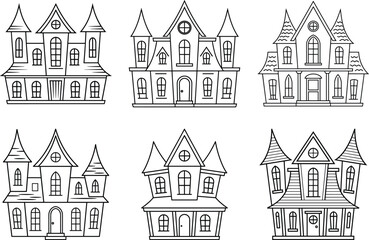 Set of Spooky Haunted House Line Art Vector Illustrations for Halloween and Horror Themes