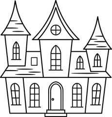 Haunted House Line Art Vector Illustration with Gothic Towers and Arched Windows