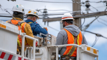 power line maintenance indian workers on elevated platforms, working on high-tension lines under a cloudy sky, with safety gear and tools in hand.