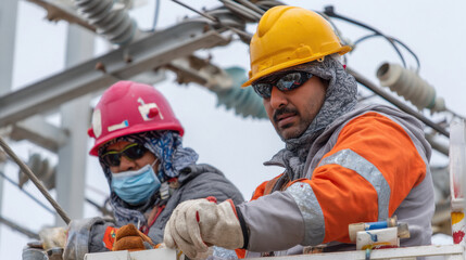 power line maintenance indian workers on elevated platforms, working on high-tension lines under a cloudy sky, with safety gear and tools in hand.