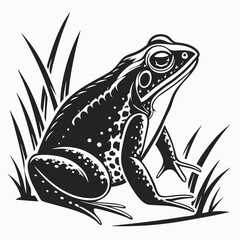 Spotted black frog sits among grass, providing a detailed and unique art