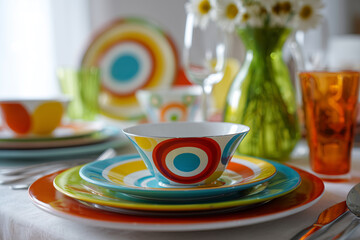 colorful tableware set, pop art plates and bowls, bold concentric circles, red yellow green blue accents, modern table setting, minimal white background, bright natural light