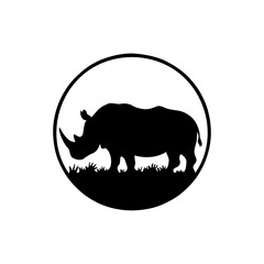 Minimalist Black and White Rhinoceros Silhouette Within a Circular Frame: A Nature-Inspired Wildlife Landscape Illustration