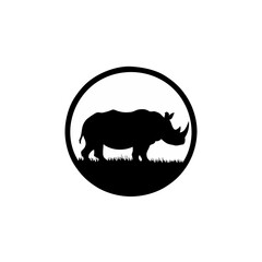 Elegant Black and White Rhino Silhouette with Detailed Line Art: Minimalist Geometric Design Featuring a Circular Frame and Negative Space Illustration