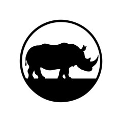 Minimalist Black and White Digital Illustration of a Rhinoceros Silhouette Set Against a Circular Background