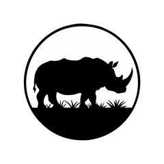 Rhinoceros Wildlife Silhouette in Nature Landscape: Majestic Mountains and Grass Within a Circular Frame