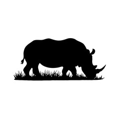 Detailed Black and White Silhouette of a Rhinoceros Standing in Grass: A Captivating Illustration Celebrating African Wildlife