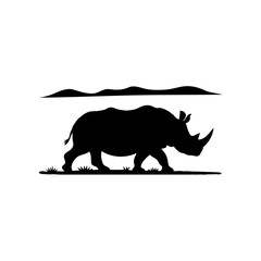 Minimalist Black and White Silhouette of a Rhinoceros Against a Dark Mountain Landscape: A Stark and Elegant Wildlife Composition