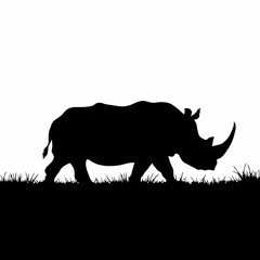 Photorealistic Black and White Silhouette of a Rhinoceros Walking Through Grass: Highly Detailed Wildlife Portrait with Cinematic Lighting and Dramatic Composition