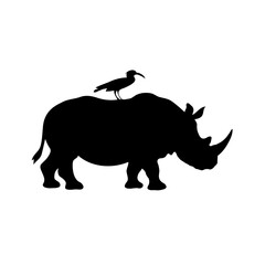 Elegant Black and White Digital Art of a Rhinoceros and Bird in Silhouette: A Minimalist, Simple, and Clean Wildlife Illustration