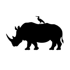 Minimalist Digital Art of a Rhinoceros in Black Silhouette with a Bird on Top: A Simple and Abstract Wildlife Composition